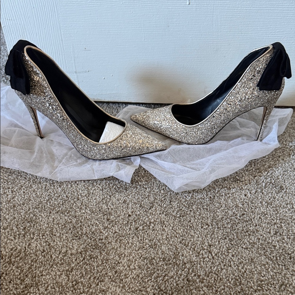 FSJ Silver Glitter Heels with Black Bow